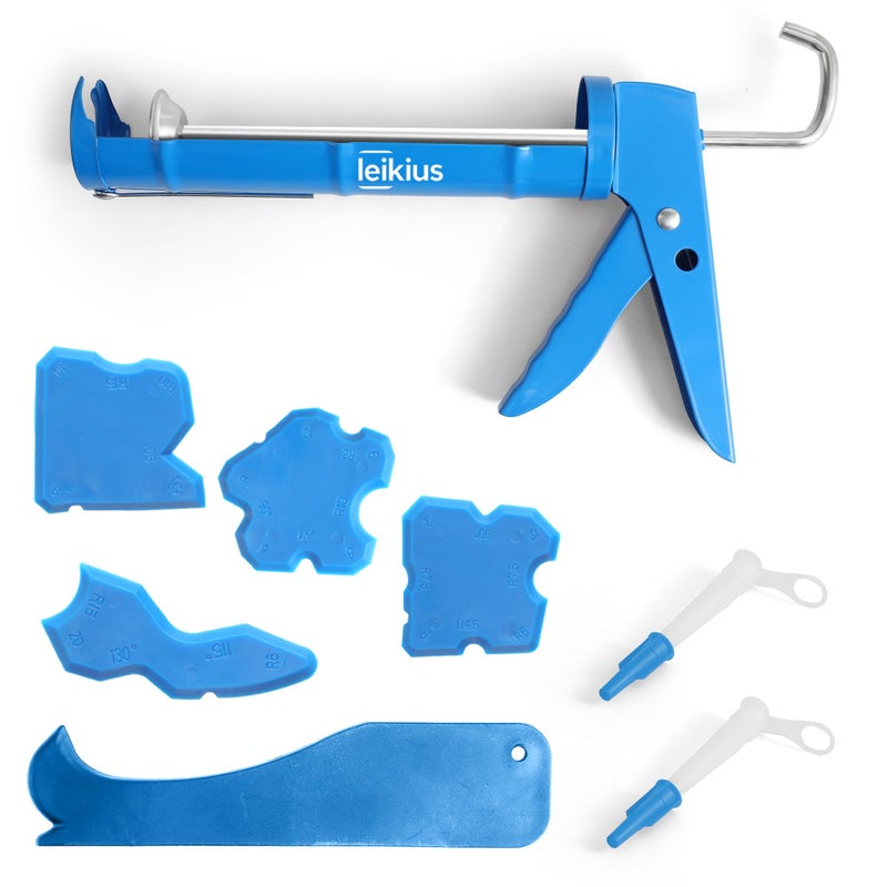 Leikius Caulk Gun Kit Smooths No-drip Silicone Caulking Gun and Caulking Tools, Sealant Tools Grout Scraper For Kitchen Bathroom Sink Joint,With Gift Box Works 10OZ Tubes blue - Image 1