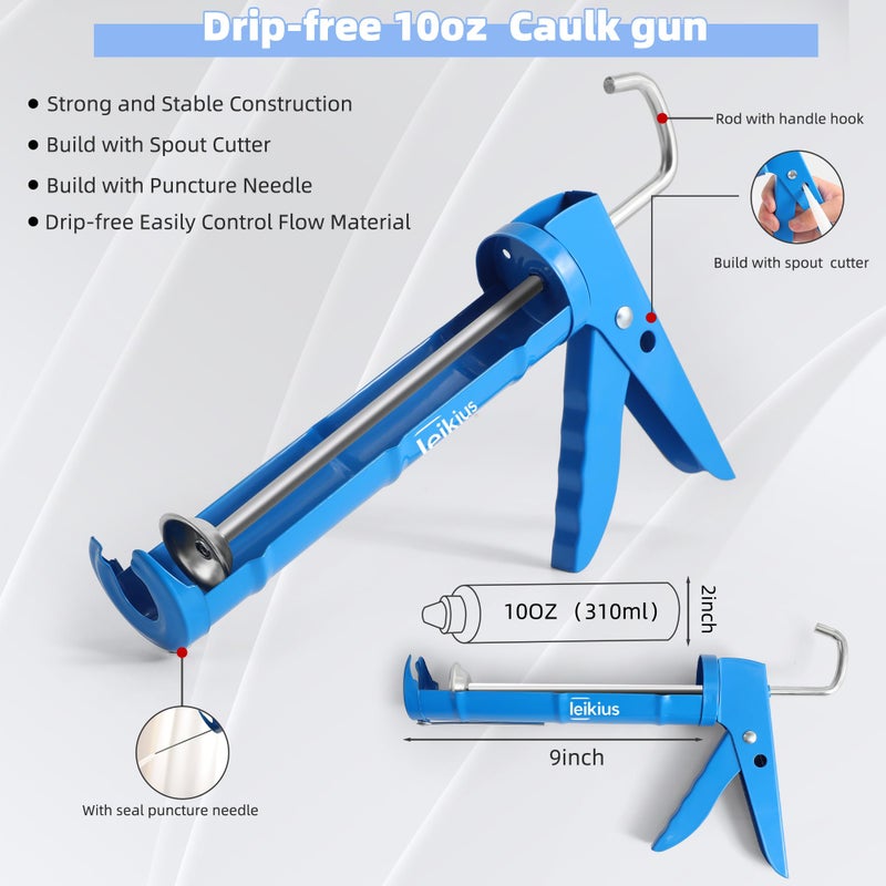 Leikius Caulk Gun Kit Smooths No-drip Silicone Caulking Gun and Caulking Tools, Sealant Tools Grout Scraper For Kitchen Bathroom Sink Joint,With Gift Box Works 10OZ Tubes blue - Image 2