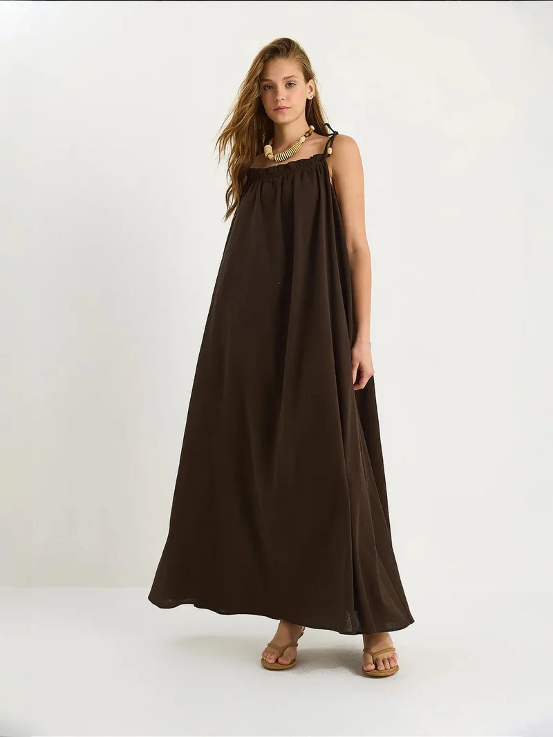 Bianco Lucci Walnut Brown LUCCI Maxi Dress with Ruffle Detail for Women | Best Price UAE