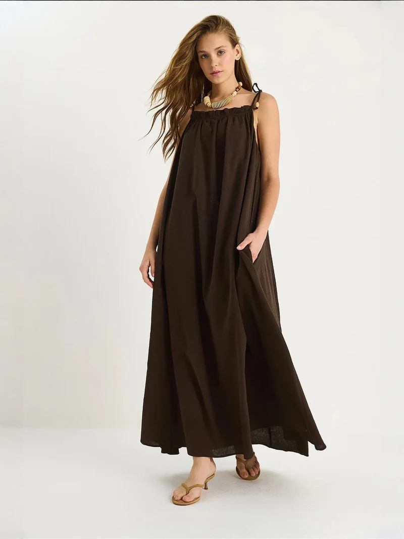 Bianco Lucci Walnut Brown LUCCI Maxi Dress with Ruffle Detail for Women | Best Price UAE