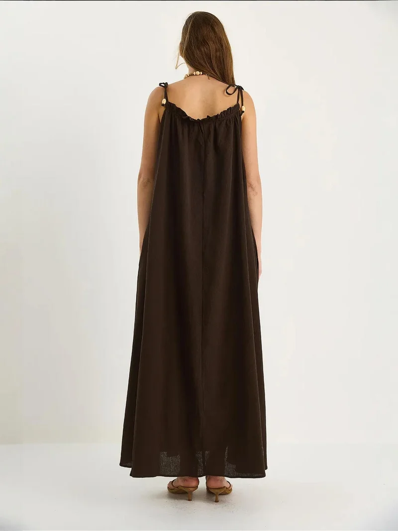 Bianco Lucci Walnut Brown LUCCI Maxi Dress with Ruffle Detail for Women | Best Price UAE