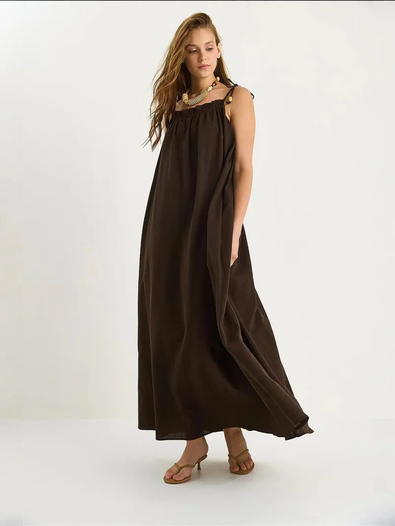 Bianco Lucci Walnut Brown LUCCI Maxi Dress with Ruffle Detail for Women | Best Price UAE
