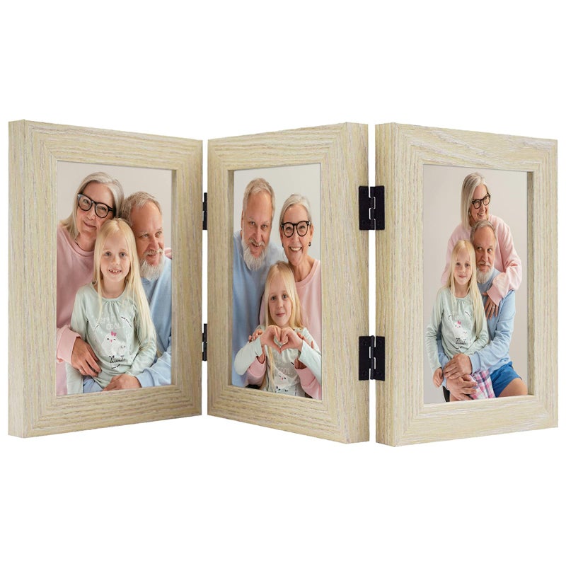 Frametory 4x6 Triple Picture Frames Trifold Photos Frame Collage Hinged Picture Frames with Glass Front Tabletop Display Natural 1 Pack