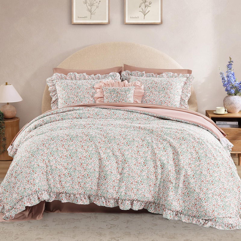 BLOOMHAVEN Queen Comforter Set - 7 Pieces Ruffle Pink Ditzy Bedding Sets, Shabby Chic Farmhouse Bed in a Bag Queen with Floral Comforter, Sheets, Pillowcases & Shams - Image 5