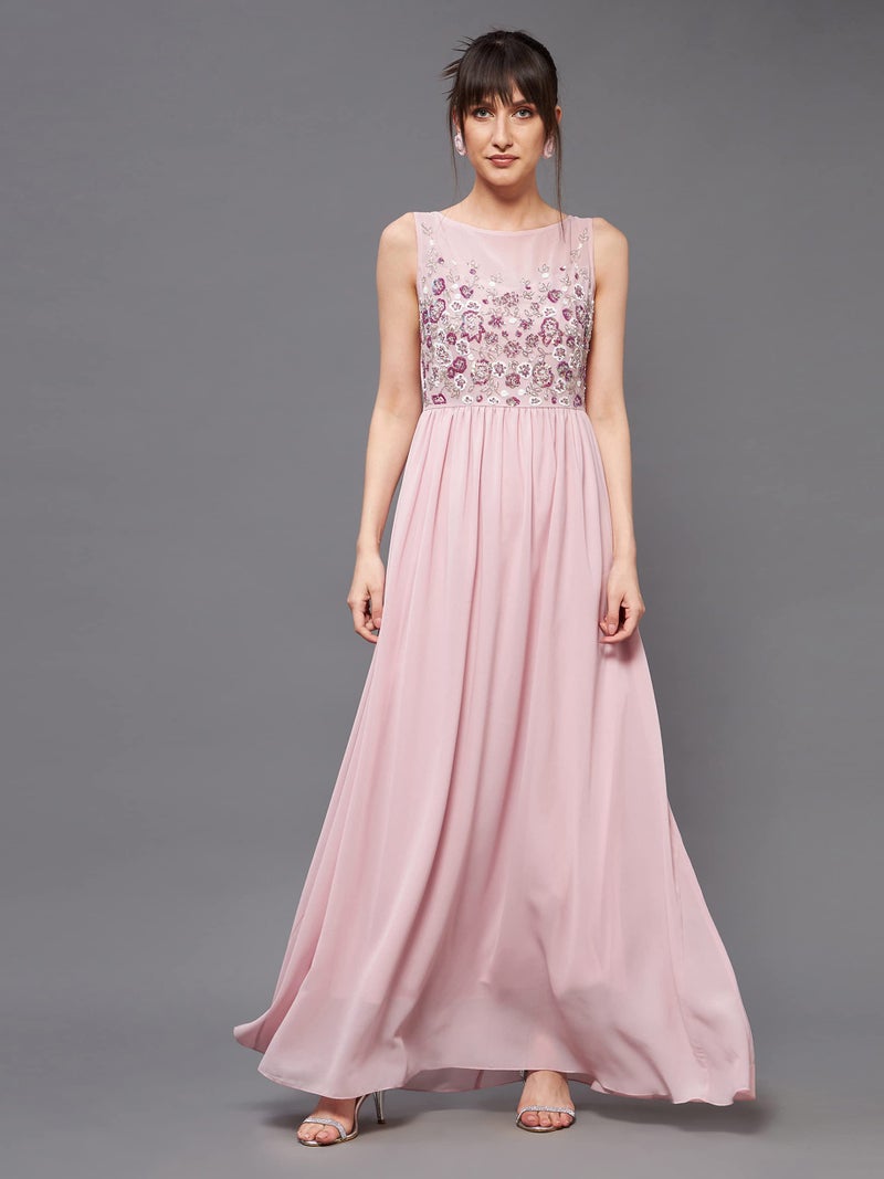 Miss Chase Women's Boat Neck Sleeveless Embellished Gathered Regular Dress (MCAW22D99-88-234-04, Dusty Pink, M) - Image 3