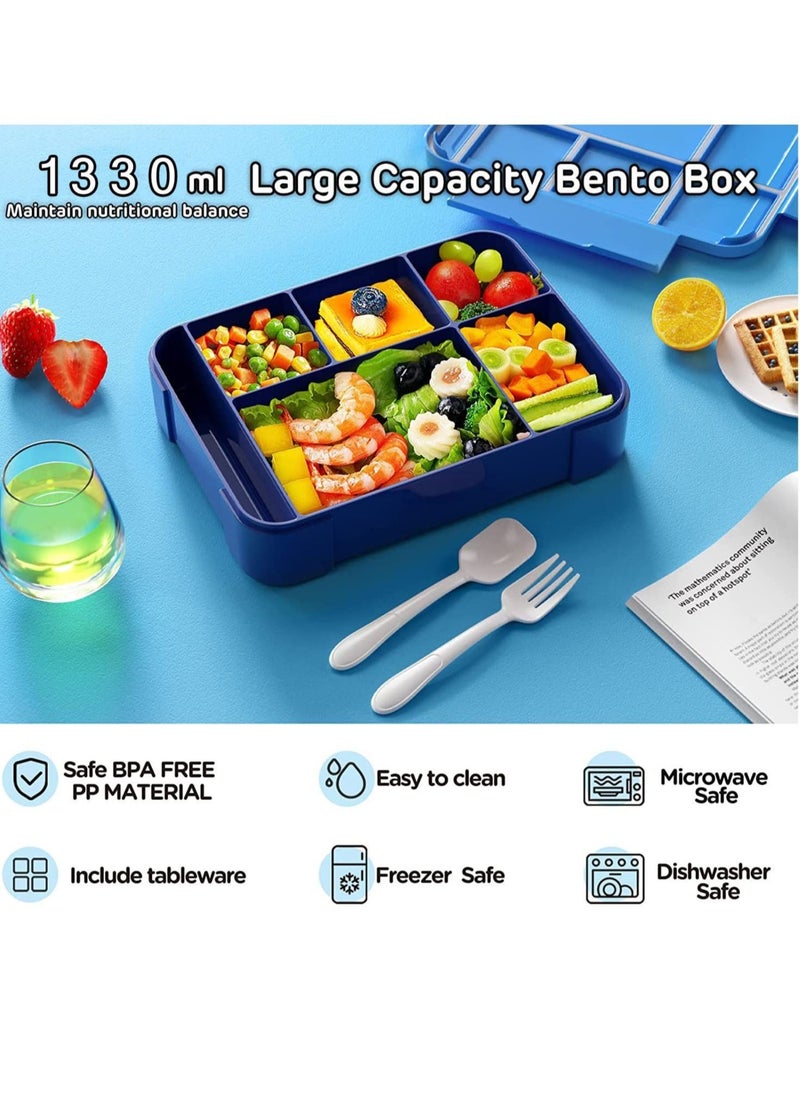 Generic - Bento Lunch Box for Kids 1330ml Large Leak proof 6 Compartments Kids Lunchbox Bento Box with Utensils for Back to School Book-Style Reusable Lunch Sack - Image 1