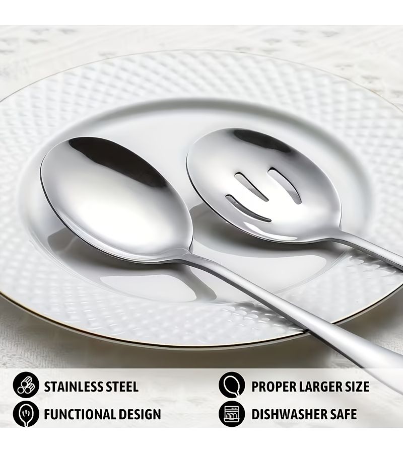 6pcs Silvery Stainless Steel Serving Spoons Including Solid And Slotted Utensils For Buffet Catering And Foodservice - Image 5