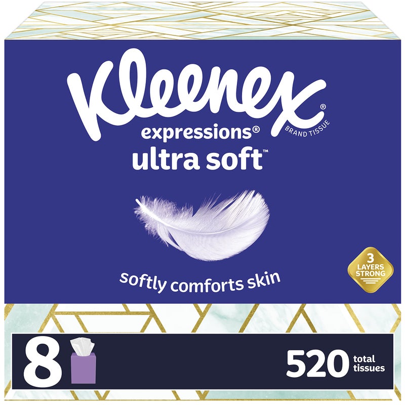 Kleenex Expressions Ultra Soft Facial Tissues 8 Cube Boxes 65 Tissues per Box 520 Total Tissues