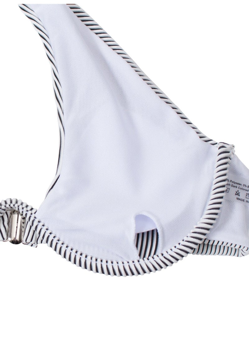 Women's 3-Piece Ribbed Swimsuit Set, White Striped One-Shoulder Underwired Bikini with Bodycon Cover-Up Skirt - Image 5