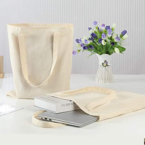 Carbrea 12 Pack Large Canvas Tote Bag - Lightweight Thin Tote Bags Bulk Blank Shopping Reusable Grocery Bags for DIY Gift Sublimation Activity - Beige - Image 3