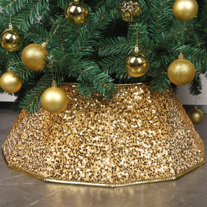 CHRISTMAS TREE COLLAR SEQUIN CHRISTMAS TREE SKIRT FOLDABLE TREE RING XMAS TREE STAND BASE COVER FOR CHRISTMAS TREE DECORATION BRIGHT GOLD