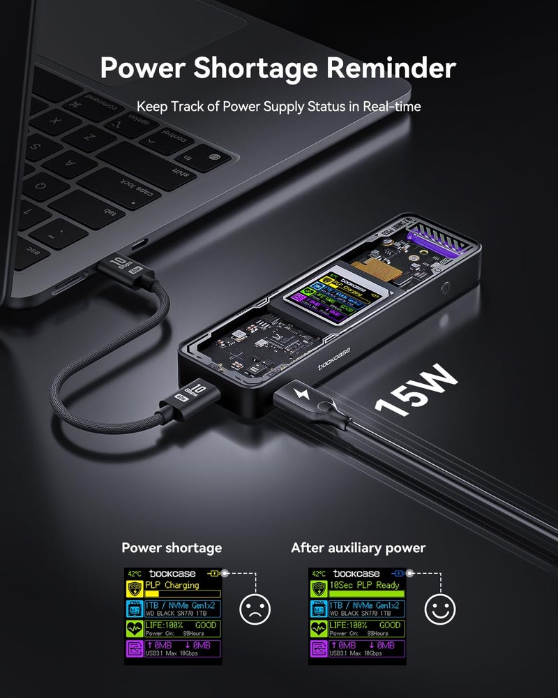 DOCKCASE Explorer Edition M.2 NVMe SSD Enclosure,Support 10s PLP Prevents Write Data Loss,USB 3.2 Gen 2 Type-C (10 Gbps), fits NVMe PCIe,Size 2230/2242/2260/2280,Support M-Key B+M Key UASP - Image 5