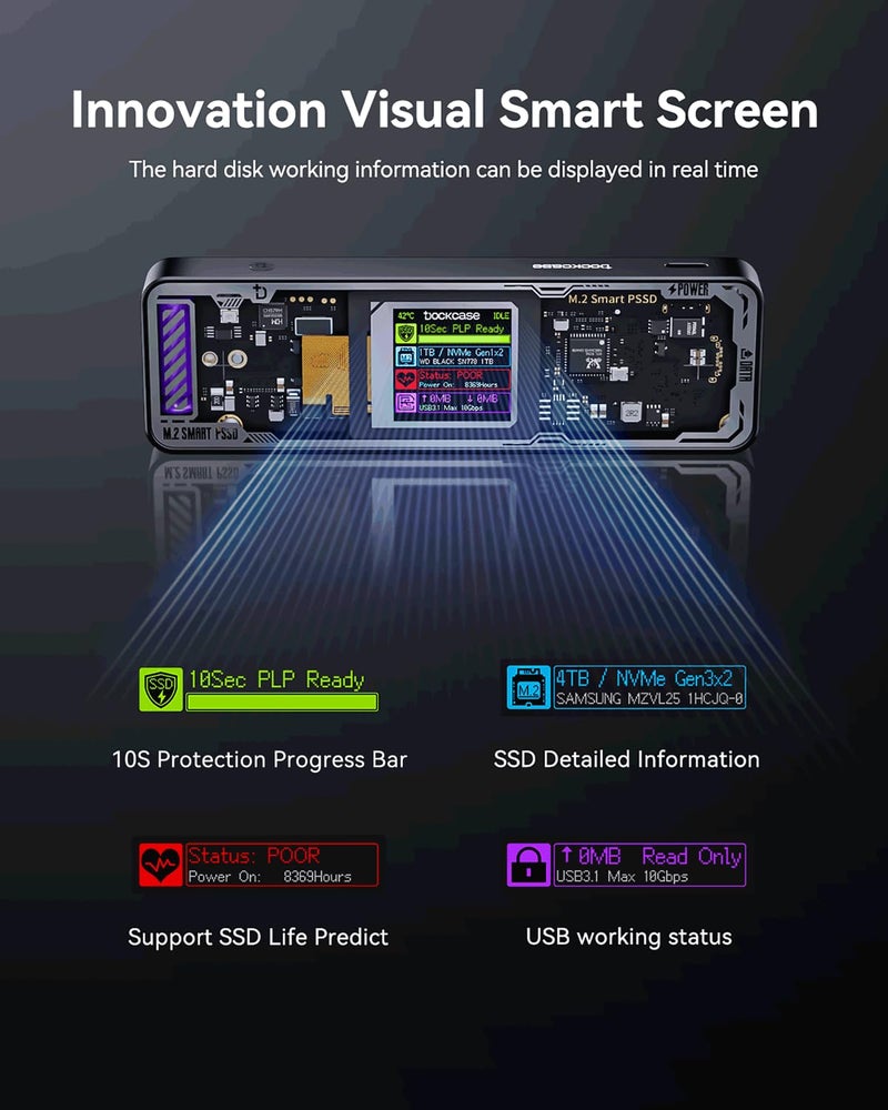 DOCKCASE Explorer Edition M.2 NVMe SSD Enclosure,Support 10s PLP Prevents Write Data Loss,USB 3.2 Gen 2 Type-C (10 Gbps), fits NVMe PCIe,Size 2230/2242/2260/2280,Support M-Key B+M Key UASP - Image 2