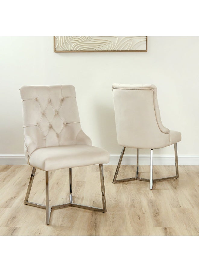VANITY LIVING Rinerra Dining Chairs – Set of 2, Beige Velvet Upholstery with Chrome Legs – Elegant Button-Tufted Accent Chairs for Dining Room, Living Room, or Office  - Image 1