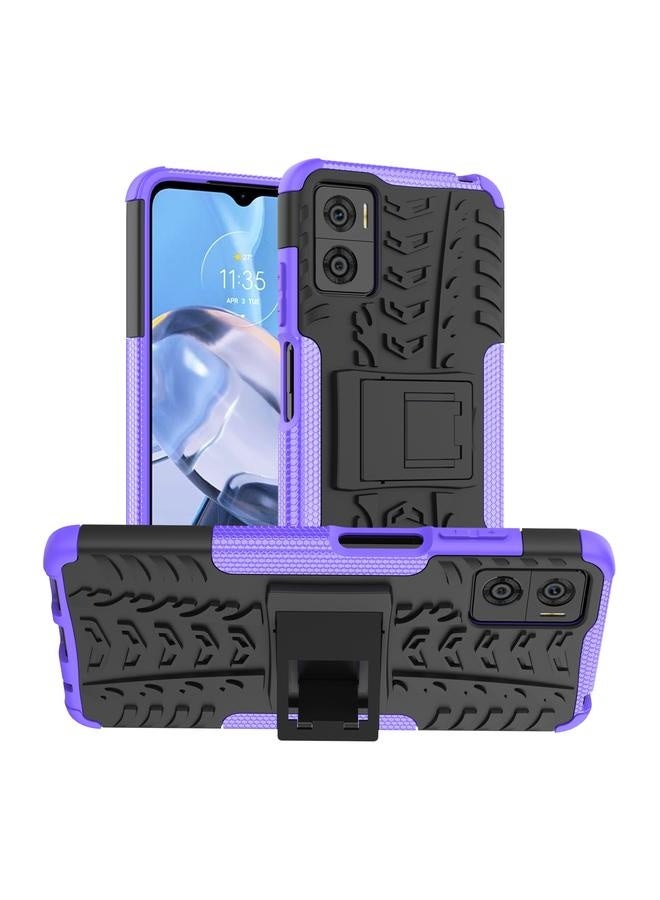 Case For Motorola Moto E22 Tire Texture TPU + PC Phone Case with Holder (Purple/Black) - Image 1