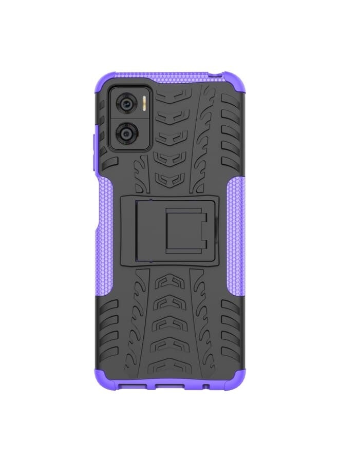 Case For Motorola Moto E22 Tire Texture TPU + PC Phone Case with Holder (Purple/Black) - Image 5