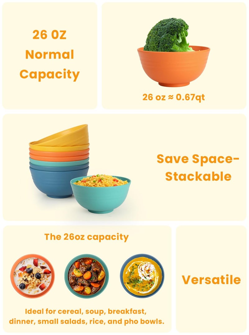 Homienly Plastic Bowls Alternative, Unbreakable Wheat Straw Cereal Bowls 8 PCS - Microwave & Dishwasher Safe Bowl for Cereal, Snack, Rice, Salad, Soup Bowls for Kitchen, Camping, Party(Muliti,26 OZ) - Image 4