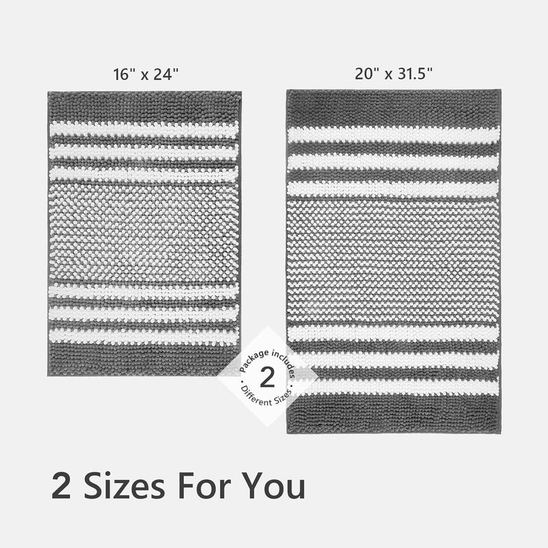 Tindbea Bathroom Rugs Set 2 Piece, Extra Soft and Absorbent Fluffy Striped Chenille Bath Mat Rug Set, Non Slip Bathroom Floor Mat, Machine Washable (20" x 32" Plus 16" x 24", Dark Gray) - Image 5