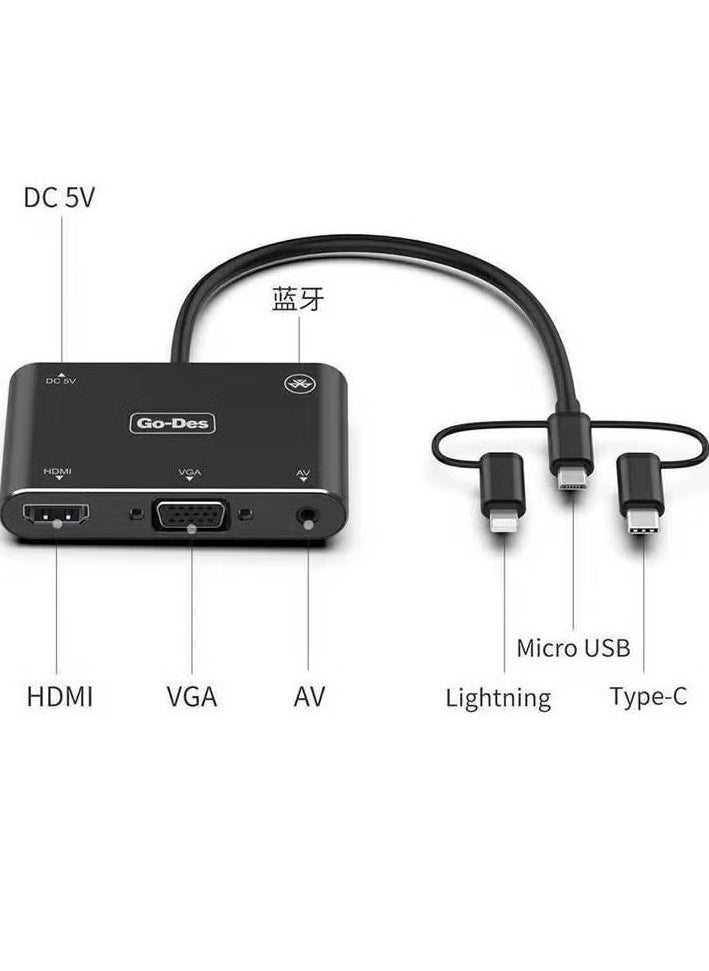 ELTRAZONE - 5-in-1 Mobile HD Screen Player Adapter – USB-C, Lightning, Micro USB to HDTV, VGA, AV, 2K Video Output, Standalone Streaming Media Player for Smartphones and Tablets - Image 1
