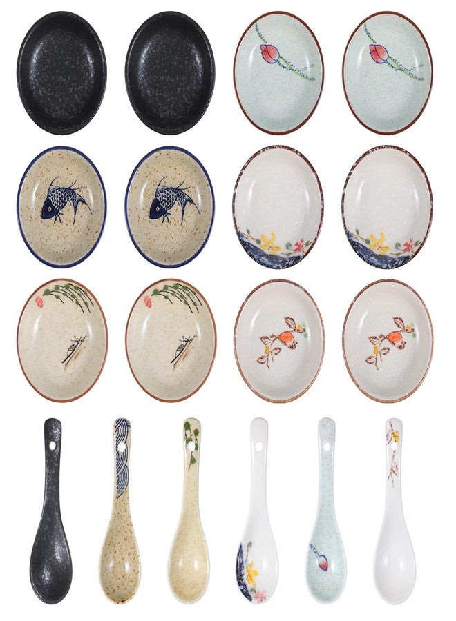 Zelphvt 12 Pcs Ceramic Soy Sauce Dishes 2 Oz Round Japanese Sauce Dishes with 6 Ceramic Spoon, Small Seasoning Soy Dipping Bowl Plate for Dips, Dipping Sauces, Condiments and Snacks - Image 1