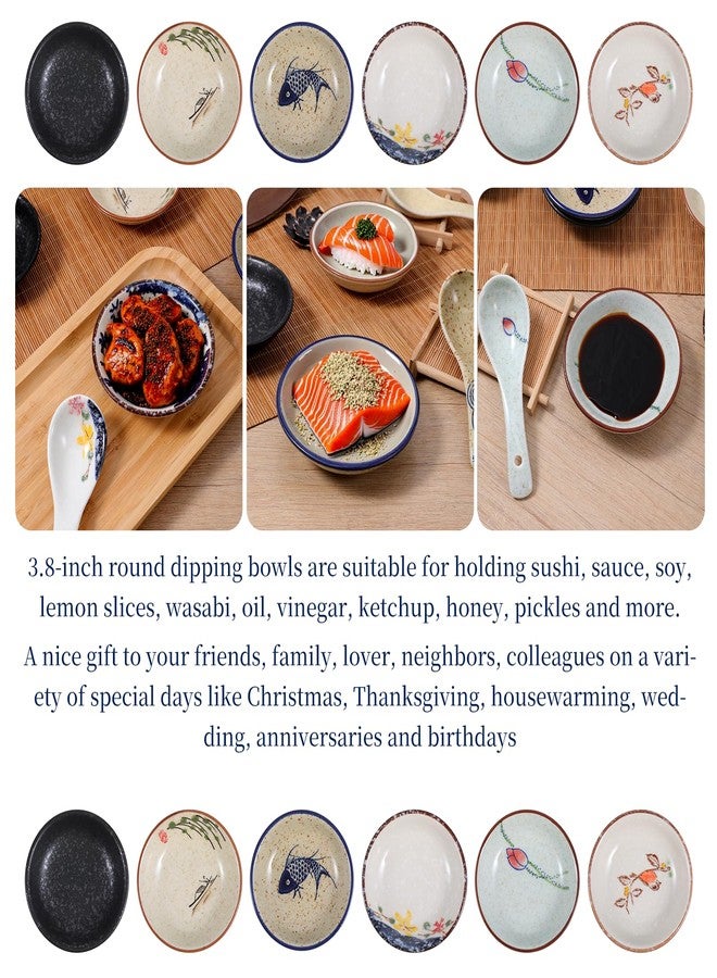 Zelphvt 12 Pcs Ceramic Soy Sauce Dishes 2 Oz Round Japanese Sauce Dishes with 6 Ceramic Spoon, Small Seasoning Soy Dipping Bowl Plate for Dips, Dipping Sauces, Condiments and Snacks - Image 4