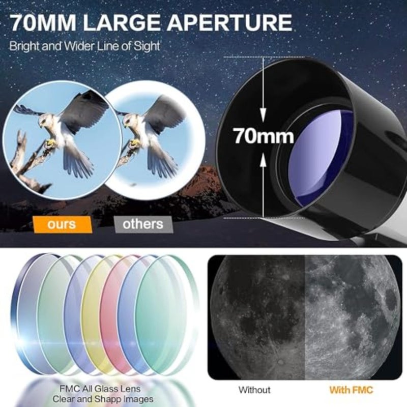 Astronomy telescope for adults and kids: 70mm aperture, 400mm focal length, AZ mount, 15X-150X magnification, adjustable aluminum tripod, portable backpack, smartphone adapter, black finish - Image 2