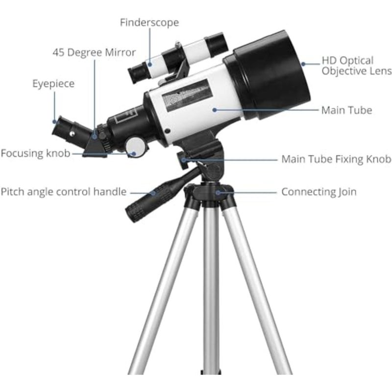 Astronomy telescope for adults and kids: 70mm aperture, 400mm focal length, AZ mount, 15X-150X magnification, adjustable aluminum tripod, portable backpack, smartphone adapter, black finish - Image 4