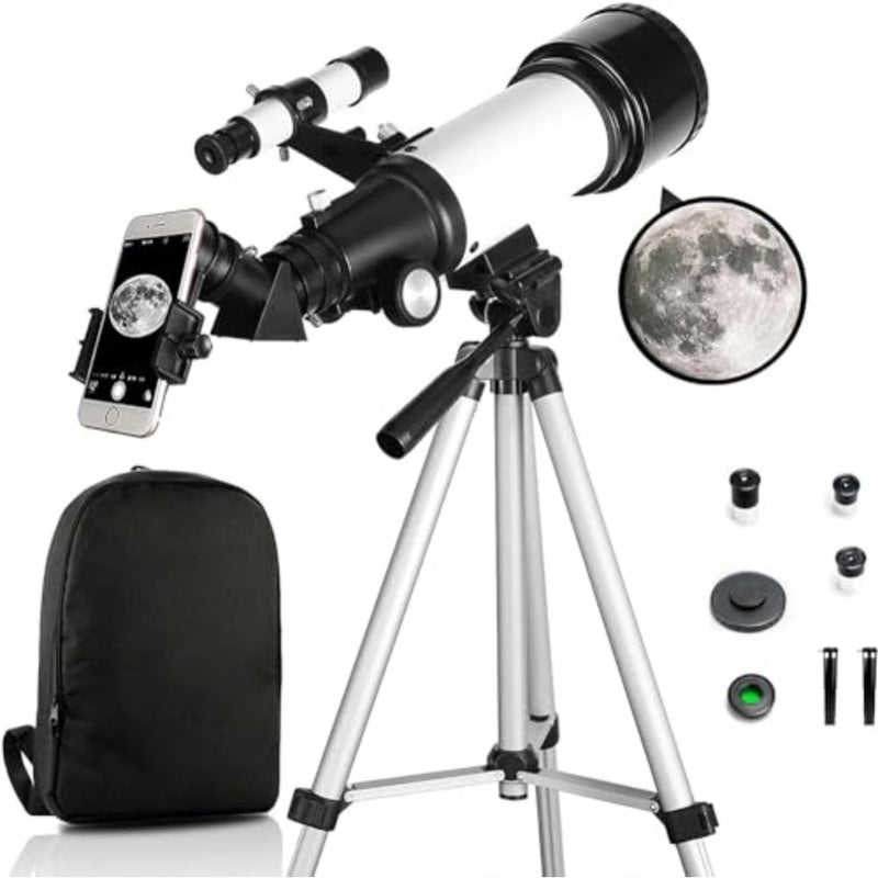 Astronomy telescope for adults and kids: 70mm aperture, 400mm focal length, AZ mount, 15X-150X magnification, adjustable aluminum tripod, portable backpack, smartphone adapter, black finish - Image 1