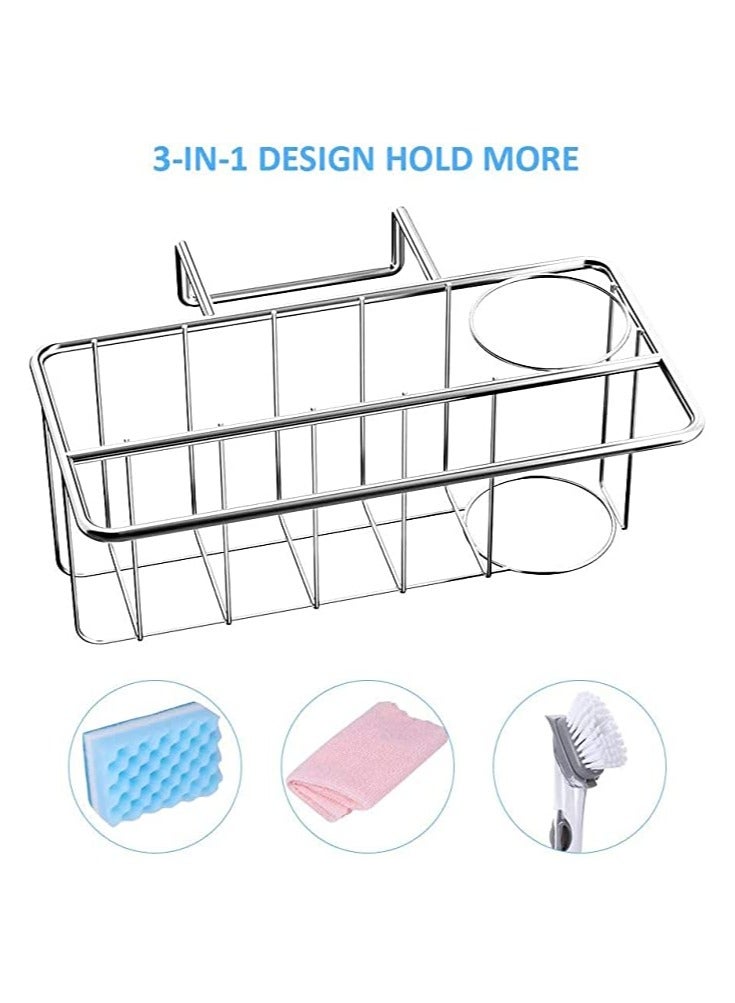 3-in-1 Kitchen Sink Organizer, Stainless Steel Sponge Holder with Adhesive Pad, No Drill Caddy for Sponge, Dish Brush, and Towel Storage  - Image 1