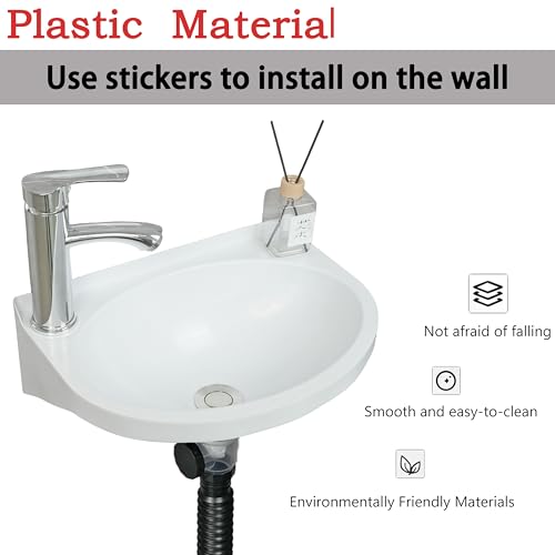 shawoo Small Bathroom Sink Wall Mount Bathroom Sink Wash basin, No-Drill Installation Self-Adhesive Sink 15.7 x 11 Inch with 1.26/0.86 Inch Faucet Hole, Mini Rv sink Plastic Sink for Home, Dorm, Garage - Image 3