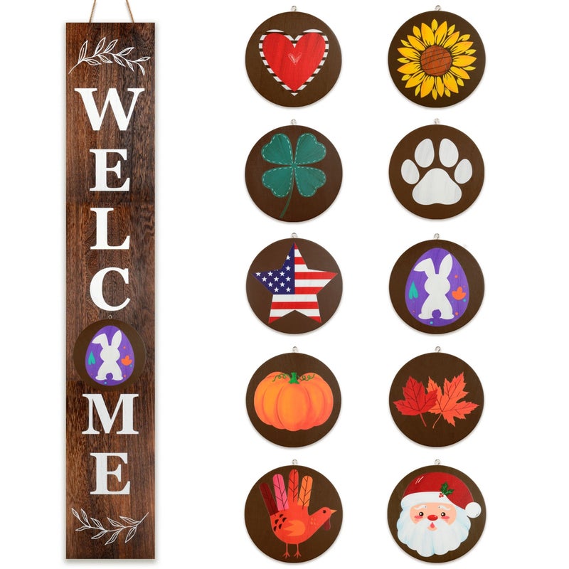 Perfnique Interchangeable Welcome sign for front porch standing, 47 x 7.9 Inch Black Wooden Leaner Sign with 10 Interchangeable Designed Icons, Morden Farmhouse Rustic Seasonal Decor for Spring - Image 1