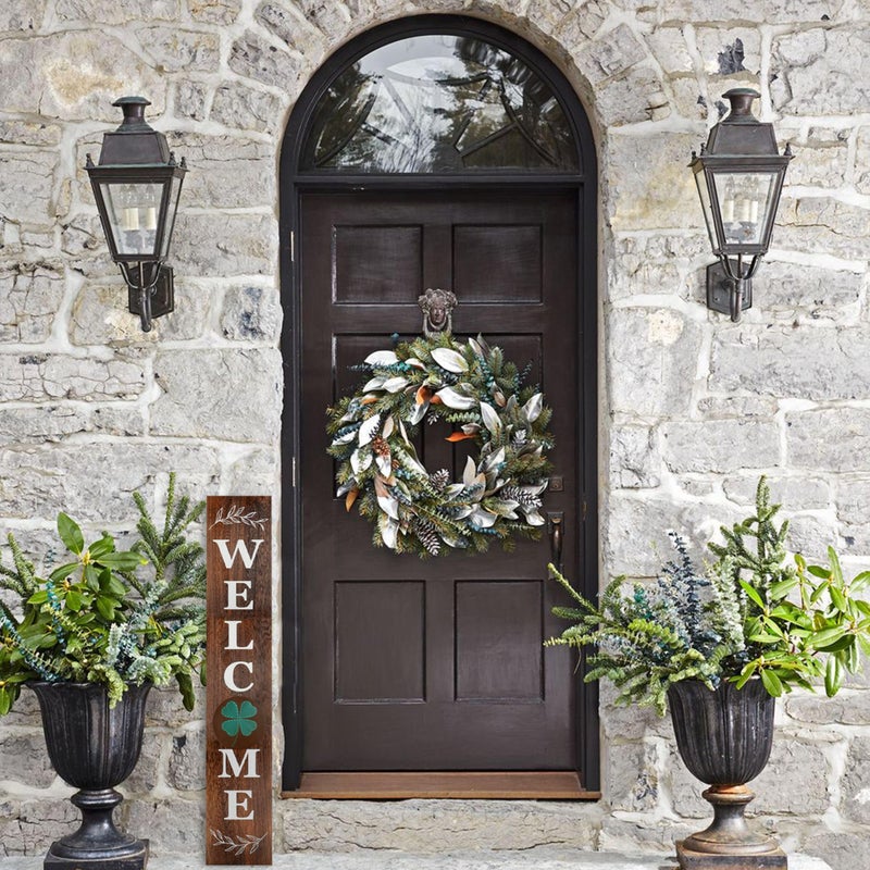 Perfnique Interchangeable Welcome sign for front porch standing, 47 x 7.9 Inch Black Wooden Leaner Sign with 10 Interchangeable Designed Icons, Morden Farmhouse Rustic Seasonal Decor for Spring - Image 2