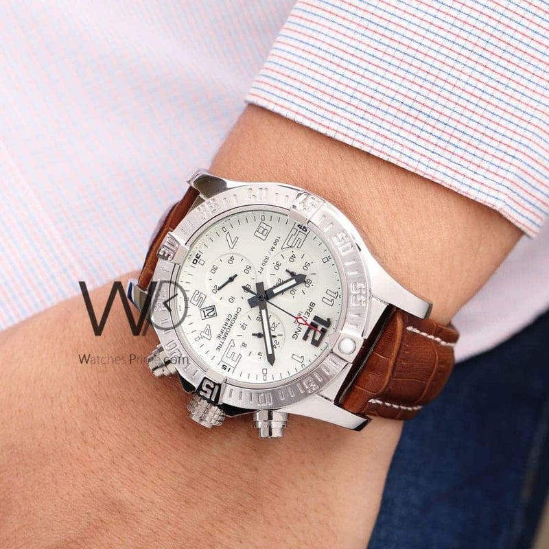 Breitling Chronograph White Watch with Brown Leather strap for Men 1136 - Image 3