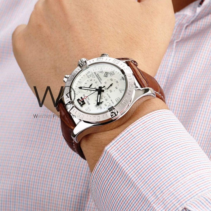 Breitling Chronograph White Watch with Brown Leather strap for Men 1136 - Image 2
