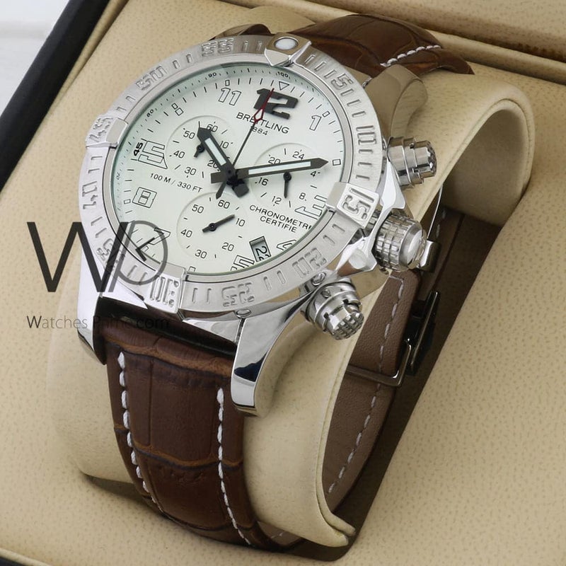 Breitling Chronograph White Watch with Brown Leather strap for Men 1136 - Image 1
