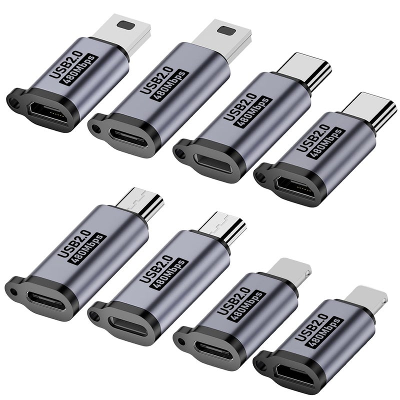 Jadebones USB C to Micro USB/Mini USB/Lighting Adapter, Light-ning to USB C/Micro USB Converter, Micro USB 2.0 to Type C/Lighting/Mini USB Connector (8 Pack) - Image 1