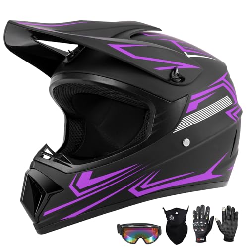 TIANDU Youth Kids Dirt Bike Motocross Helmet (Goggles Gloves Face Mask) 4PCS Set, DOT Approved Girls Full Face Motorcycle Helmets, ATV BMX MX Mountain Bike Off Road Kid Helmet (Purple, M) - Image 1