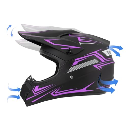 TIANDU Youth Kids Dirt Bike Motocross Helmet (Goggles Gloves Face Mask) 4PCS Set, DOT Approved Girls Full Face Motorcycle Helmets, ATV BMX MX Mountain Bike Off Road Kid Helmet (Purple, M) - Image 3