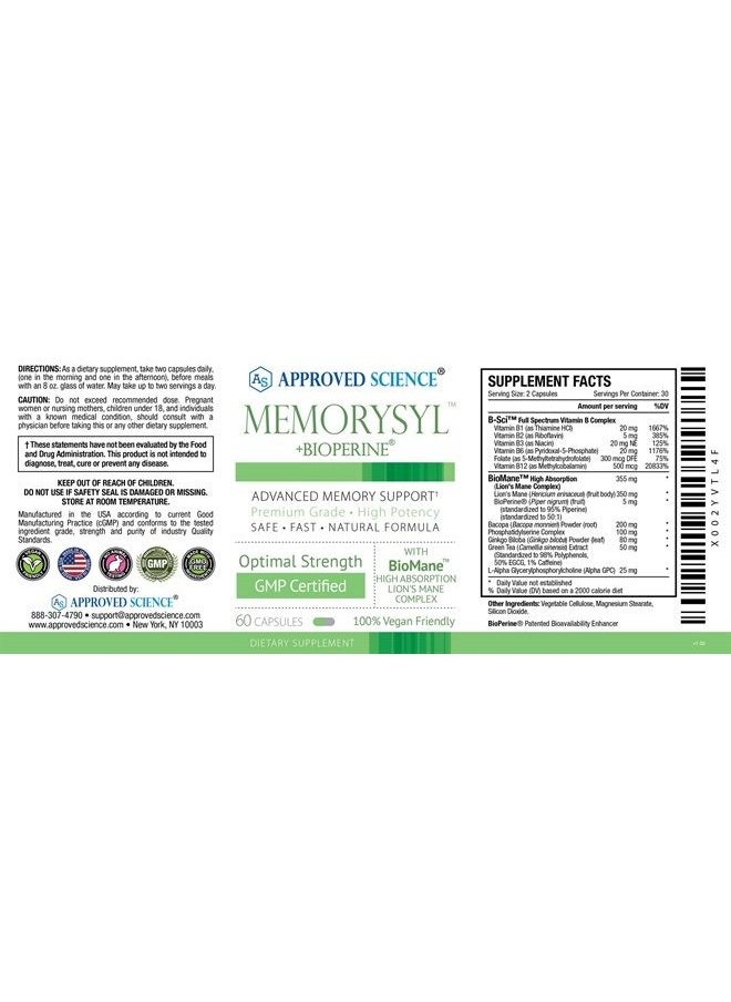 Approved Science - MemorySyl - Memory Boosting Supplement - Improve Focus and Concentration - Protect Against Cognitive Decline - with Lion's Mane and BioPerine - 6 Month Supply - Vegan - Image 1