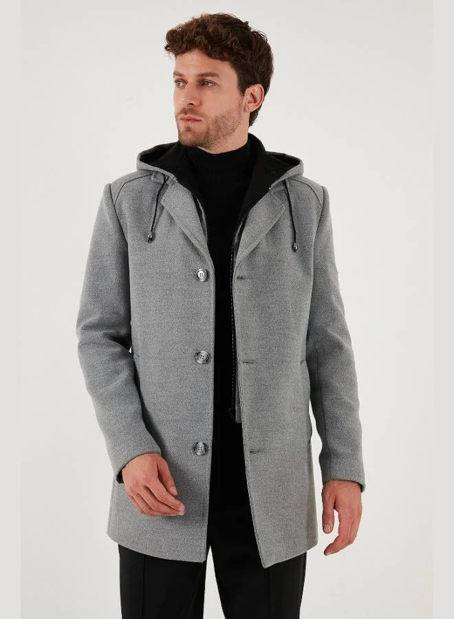 بوراتي معطف كشمير رمادي بقبعة قابلة للإزالة بقصة ضيقة للرجال