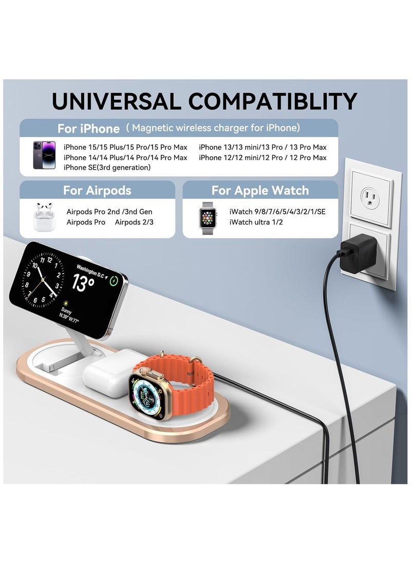 SOLARAE 3-in-1 Magnetic Wireless Charger for iPhone 15/14/13/12/Pro Max/Pro/Mini/Plus, Apple Watch 9/8/7/SE/6/5/4/3/2/1/Ultra2, and AirPods Pro/2/3 (Golden) - Foldable Charging Station. - Image 2