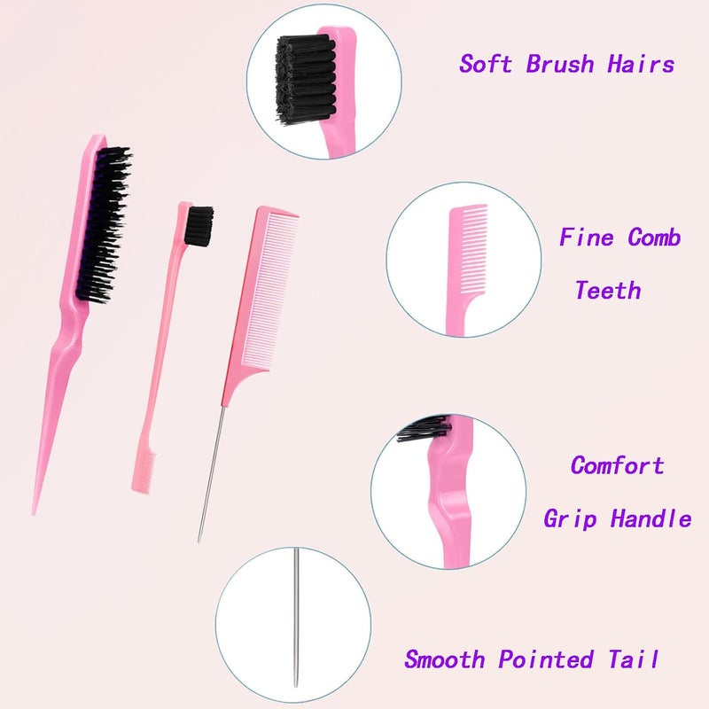 Duomama 6-Piece Pink Hair Styling Set, comes with edge brushes and rat tail combs (2 pcs each). good for smoothing hair and taming flyaways, good for daily hairstyling - Image 5