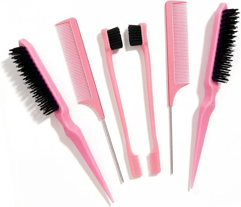 Duomama 6-Piece Pink Hair Styling Set, comes with edge brushes and rat tail combs (2 pcs each). good for smoothing hair and taming flyaways, good for daily hairstyling - Image 1
