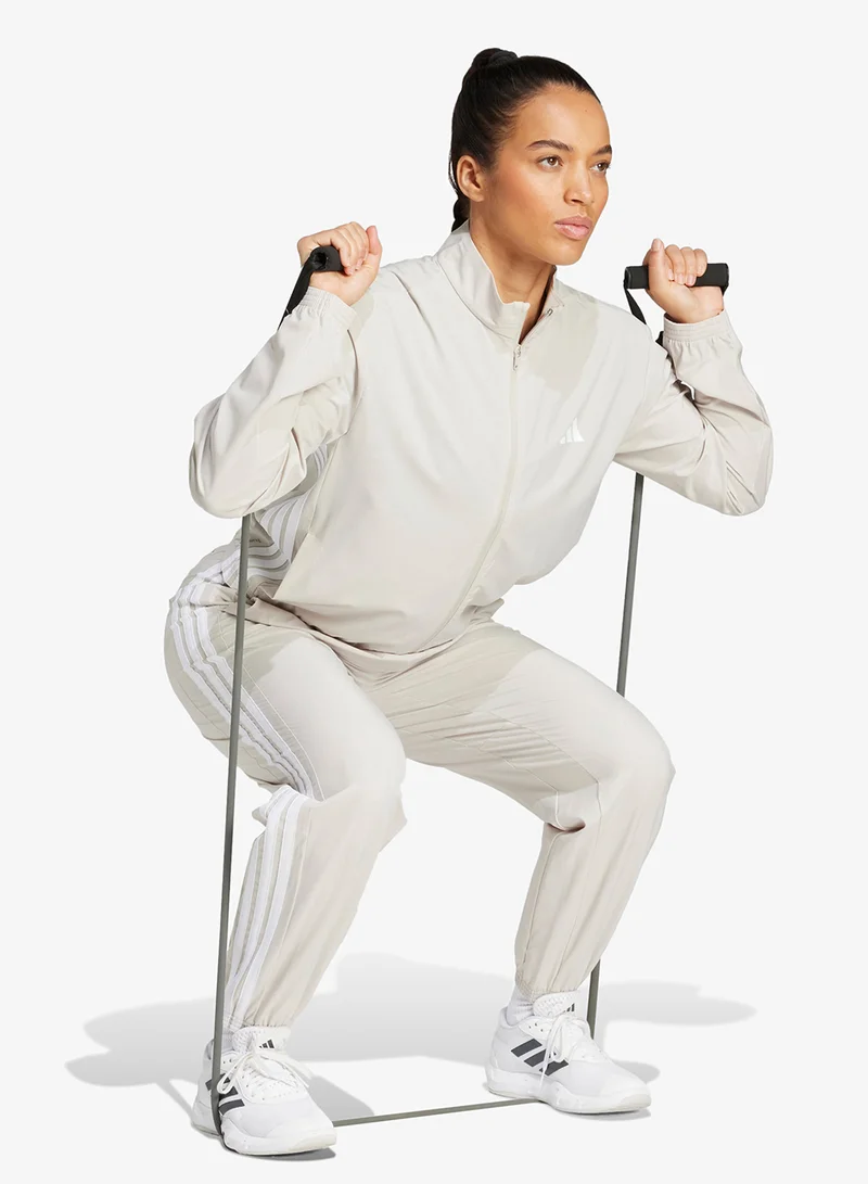 Adidas Beige / White Workout Essentials 3-Stripes Woven Pants for Women | Best Price UAE