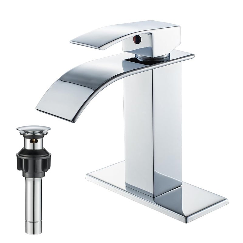 VOTON Chrome Bathroom Faucets Waterfall Bathroom Sink Faucet Modern Single Handle Bathroom Faucet for 1 or 3 Holes with Deck Plate and Pop-Up Drain, Rv Sink Camper Farmhouse Bathroom Faucet - Image 1