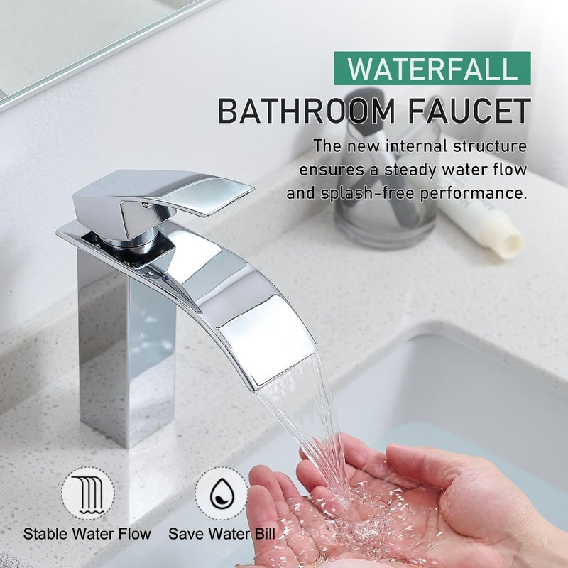 VOTON Chrome Bathroom Faucets Waterfall Bathroom Sink Faucet Modern Single Handle Bathroom Faucet for 1 or 3 Holes with Deck Plate and Pop-Up Drain, Rv Sink Camper Farmhouse Bathroom Faucet - Image 2