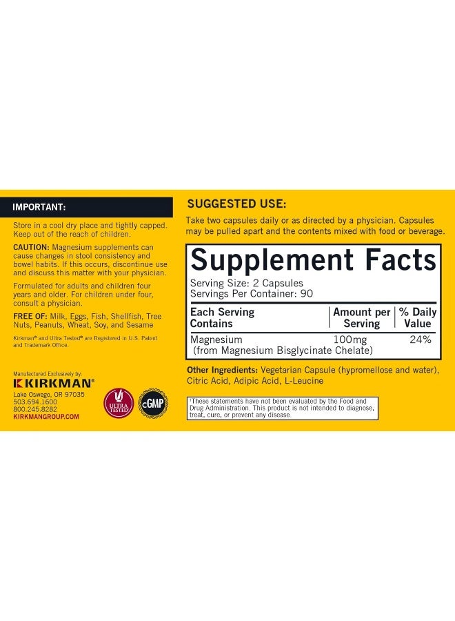 Kirkman Buffered Magnesium Bisglycinate Bio Max Series Hypoallergenic 180 Vegetarian Capsules Gluten Free Casein Free - Image 2