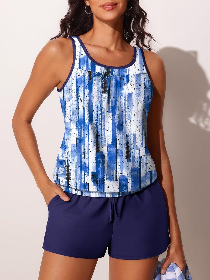 Summer Mae Blouson Women's Tankini Swimsuits Tummy Control Modest 2026 Two Piece with Sporty Pockets Bathing Suits Abstract Ink Blue X-Large - Image 3