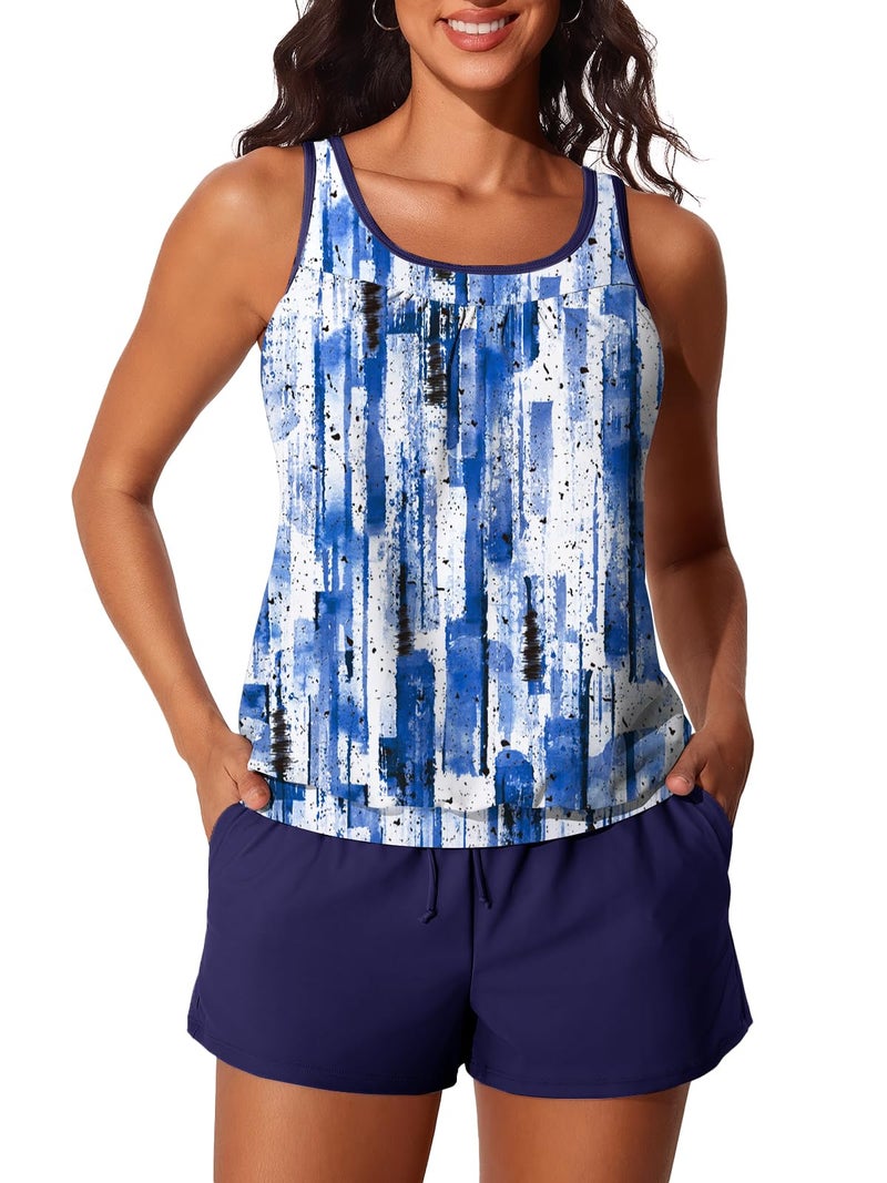 Summer Mae Blouson Women's Tankini Swimsuits Tummy Control Modest 2026 Two Piece with Sporty Pockets Bathing Suits Abstract Ink Blue X-Large - Image 1