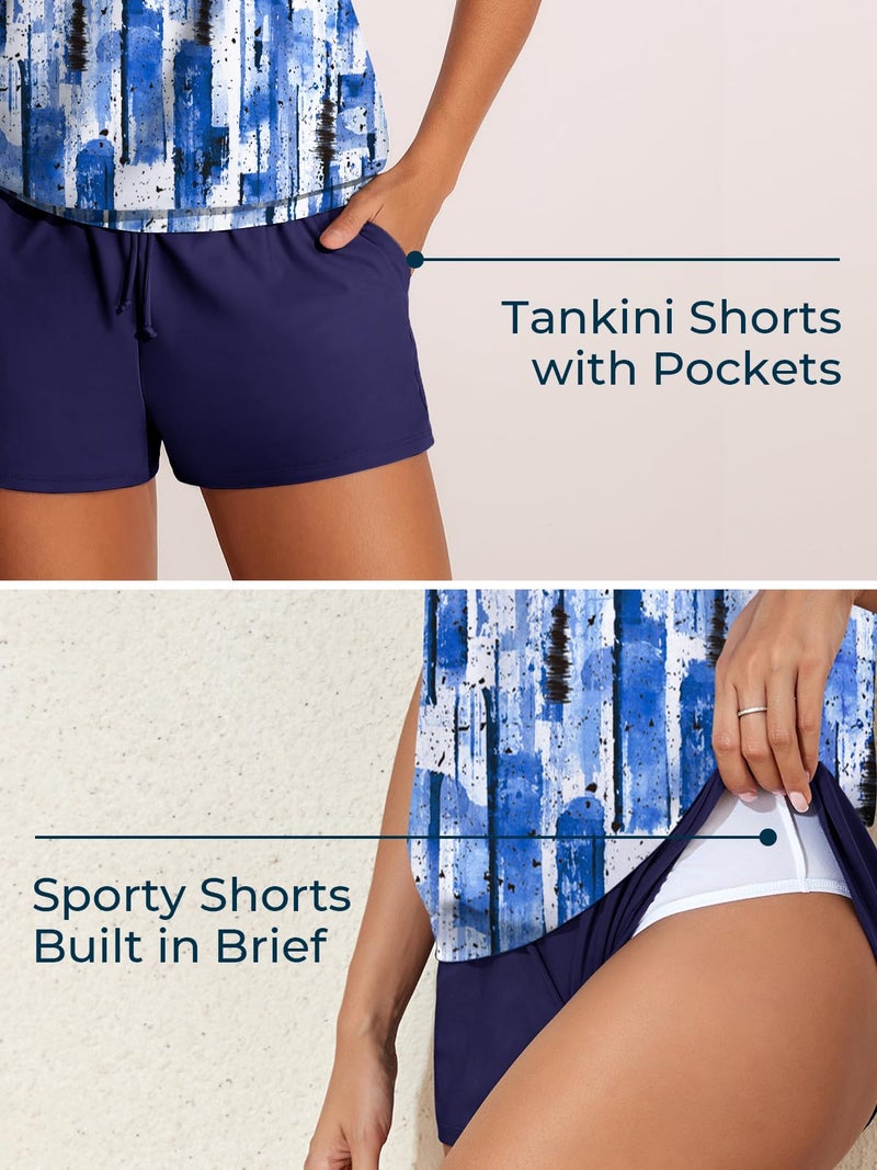 Summer Mae Blouson Women's Tankini Swimsuits Tummy Control Modest 2026 Two Piece with Sporty Pockets Bathing Suits Abstract Ink Blue X-Large - Image 4